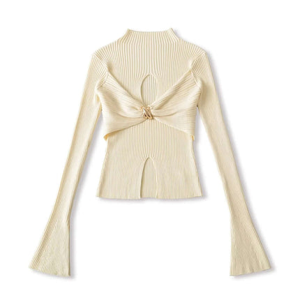 Metal Knot Hollow-Out Flare Sleeve Knit Top in soft knit fabric with a slim-fit silhouette and elegant flared sleeves.