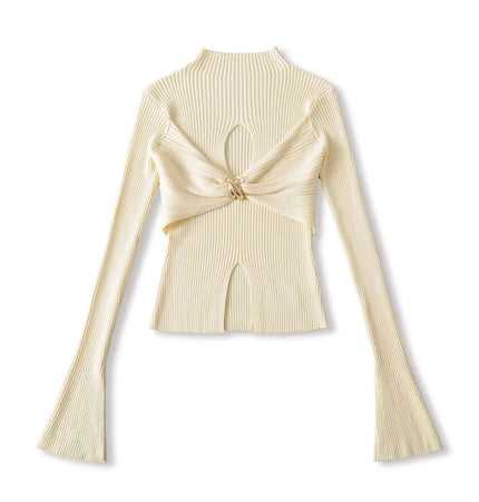 Metal Knot Hollow-Out Flare Sleeve Knit Top in soft knit fabric with a slim-fit silhouette and elegant flared sleeves.