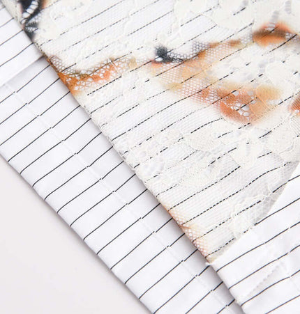 Flame Lace Patchwork Shirt – Loose Fit showcasing intricate lace and striped fabric details.