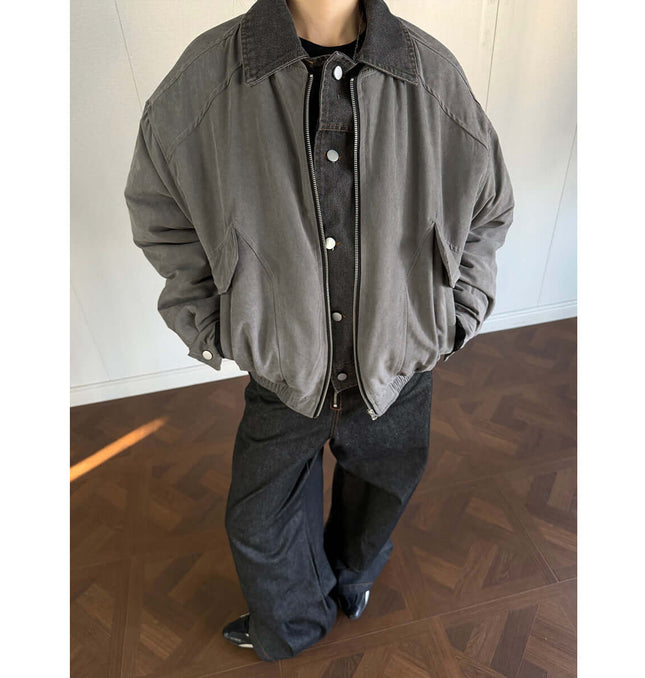 Workwear Cotton Jacket - Loose Fit displayed on a model, showcasing retro style and casual fit in gray fabric.