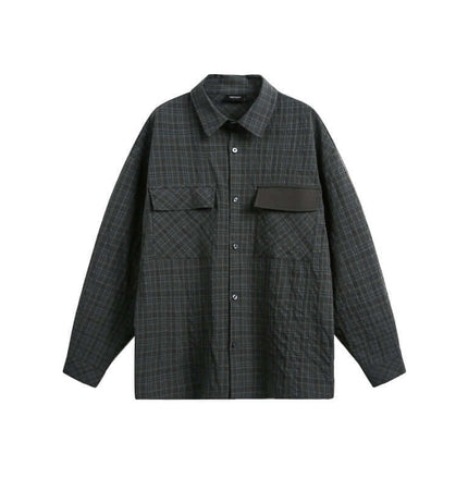 Color Block Plaid Shirt – Loose Fit, dark green plaid long sleeve shirt with color block detailing.