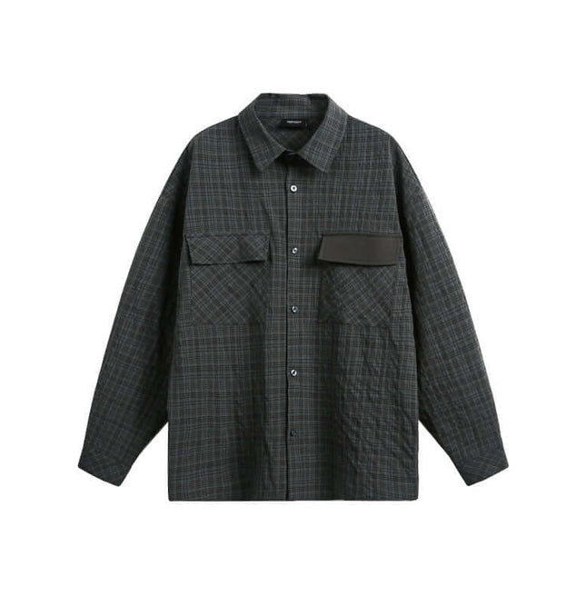 Color Block Plaid Shirt – Loose Fit, dark green plaid long sleeve shirt with color block detailing.