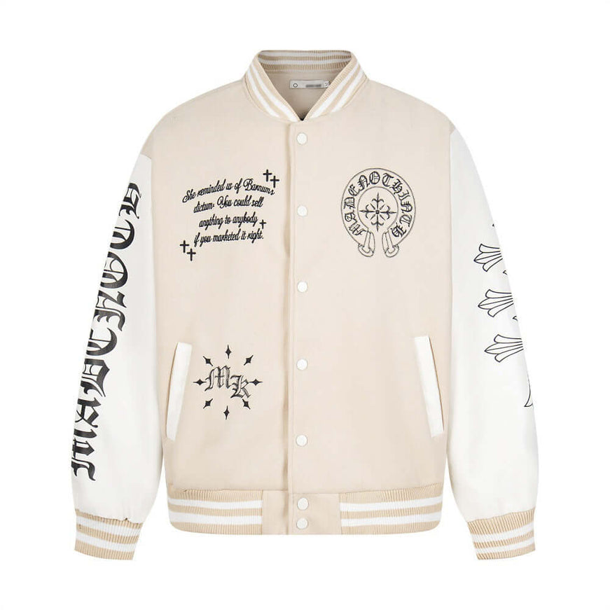 Model wearing Apricot leather sleeve patchwork jacket by Grozavu