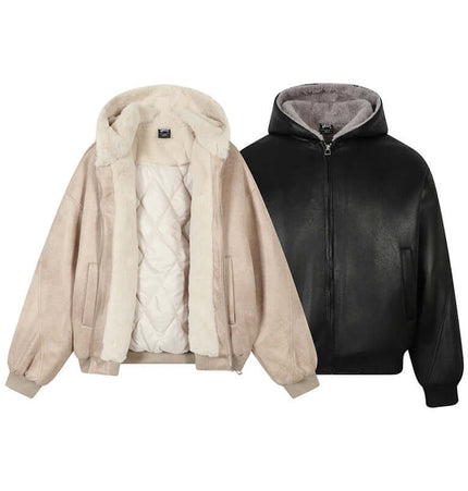 Faux Fur Hooded Jacket – Street Style showcasing a beige and black hooded coat with cozy lining and stylish design.