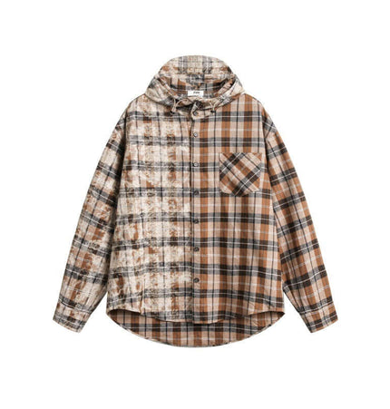 Checkered Hooded Plaid Shirt – Loose Fit featuring a stylish plaid pattern and attached hood.