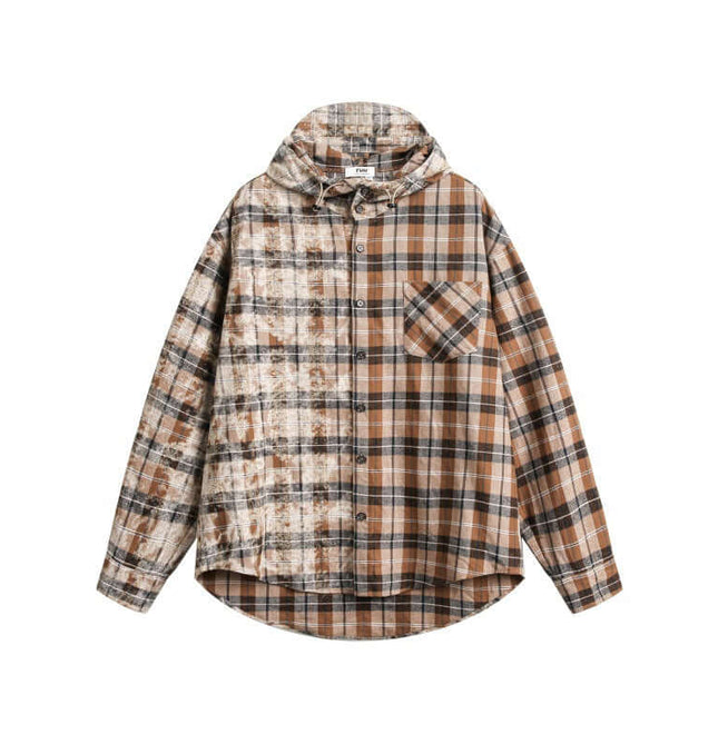 Checkered Hooded Plaid Shirt – Loose Fit featuring a stylish plaid pattern and attached hood.