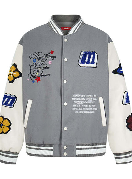 Model wearing Green paneled varsity jacket by Grozavu