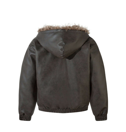 Wool Collar PU Pilot Jacket – Loose Fit, back view with hood and faux fur, black color, stylish and warm winter wear.