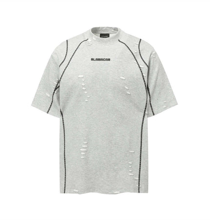 Distressed Short Sleeve TShirt – Loose Fit featuring patchwork and ripped details in gray color.