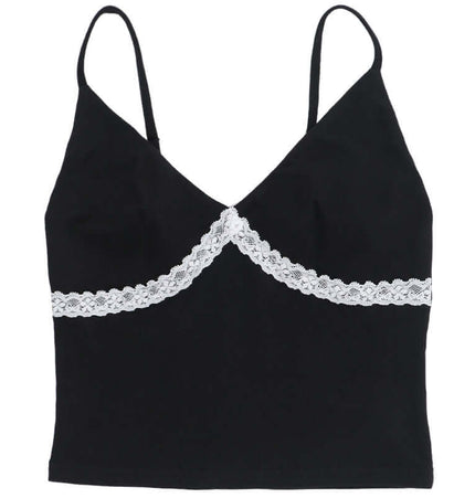 Lace Patchwork VNeck Top – Slim Fit with delicate lace detail and smooth black fabric, perfect for casual styling.