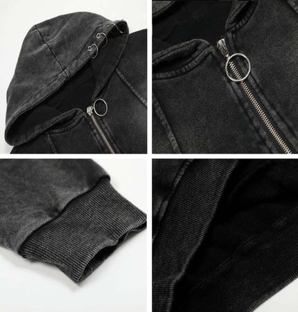 Retro Washed Zip Up Hoodie – Loose Fit showcasing black zip-up design, soft fabric, and stylish distressed details.