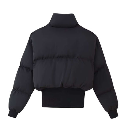 Stand Collar Zip Jacket – Casual Fit in black, showcasing a modern, cropped design and stand-up collar from the back.