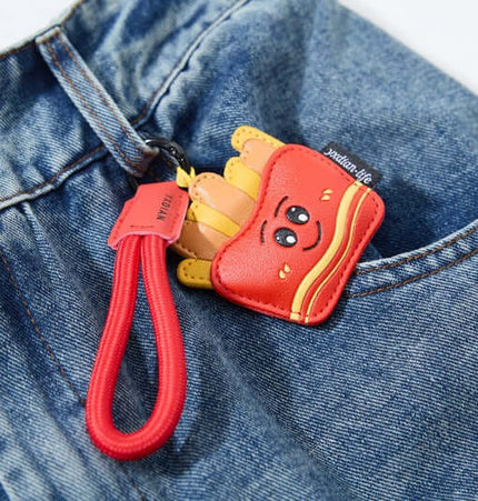 Cartoon Patch College Denim Pants with a playful French fries keychain attached to the front pocket.