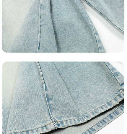 Washed Blue Denim Shorts – Loose Fit showing water-washed blue finish and A-line cut for a vintage-inspired look.