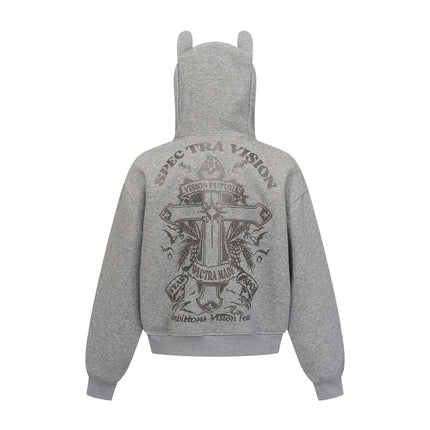 Vintage hoodie | Cross letter print hoodie | Distressed zip-up sweatshirt | Unisex streetwear jacket | Loose fit hoodie black | Casual streetwear hoodie gray