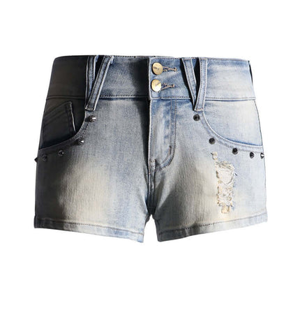 Bodycon Low-Waist Stud Denim Shorts featuring rivet stud detailing and a ripped ultra-short cut.