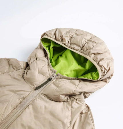 Hooded Color-Block Down Jacket with khaki exterior and green hood lining for modern winter style.
