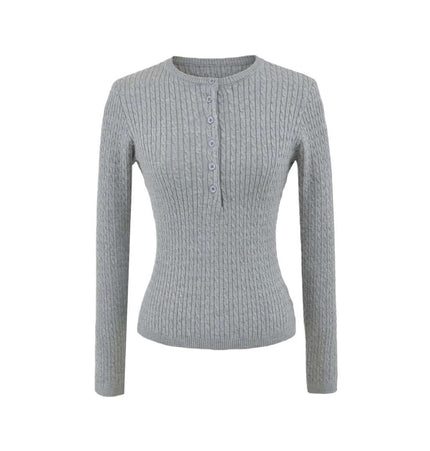 Round Neck Half-Button Knit Sweater in light gray with ribbed texture and long sleeves.