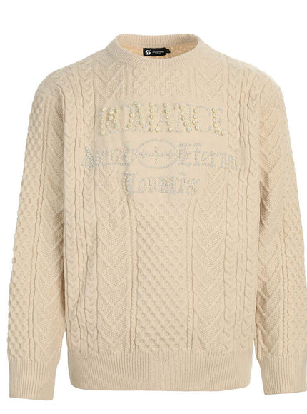 Model wearing Apricot letter embellished round neck sweater by Grozavu