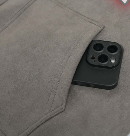 Faux Suede Print Zip-Up Hoodie – Loose Fit with smartphone tucked into pocket.