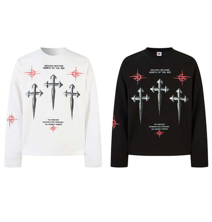 Casual Loose Waffle Knit Top available in black and white with graphic print for streetwear style.