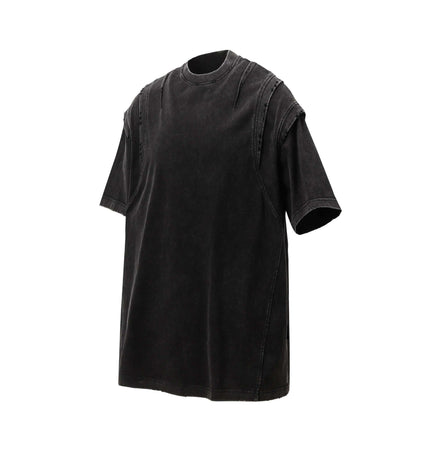 Washed Spliced Distressed TShirt – Loose Fit in black, showcasing relaxed hip-hop aesthetic and breathable cotton fabric.