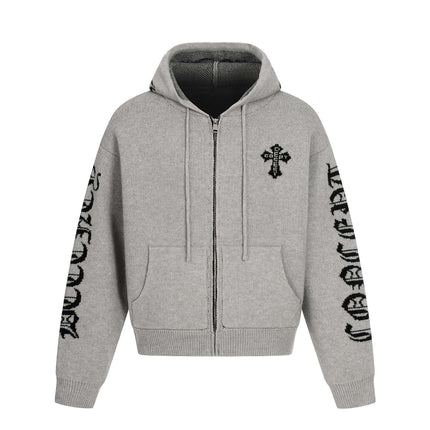 Letter Jacquard Knit Hoodie – Loose Fit in soft gray with bold letter jacquard patterns and a stylish zip-up design.