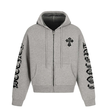 Letter Jacquard Knit Hoodie – Loose Fit in soft gray with bold letter jacquard patterns and a stylish zip-up design.