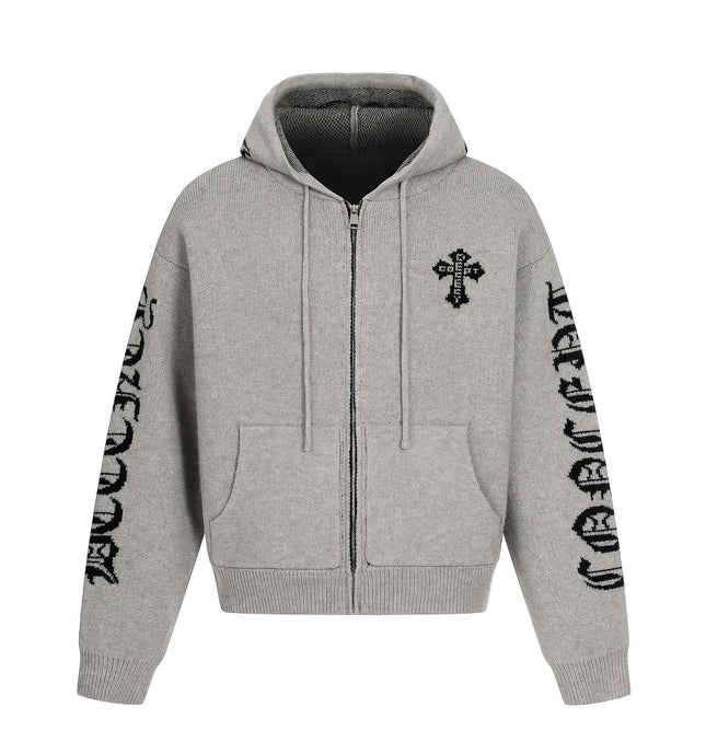 Letter Jacquard Knit Hoodie – Loose Fit in soft gray with bold letter jacquard patterns and a stylish zip-up design.