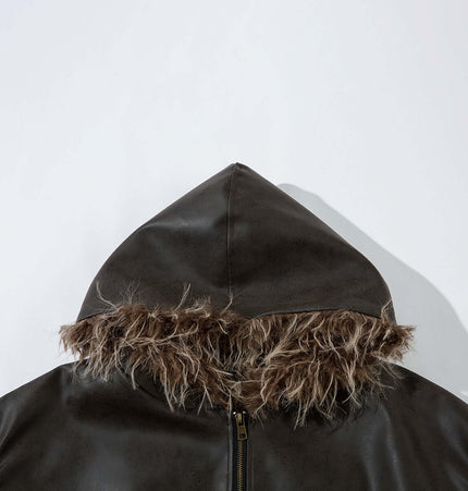Wool Collar PU Pilot Jacket – Loose Fit hood detail showcasing cozy wool-style collar and premium leather.