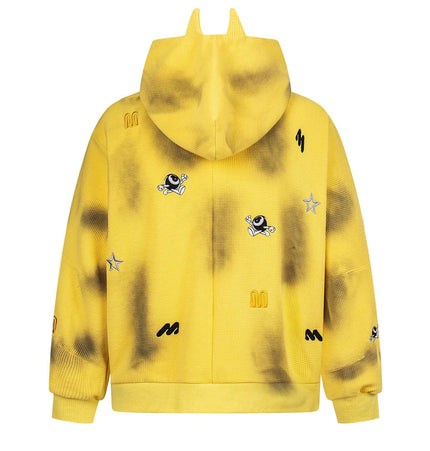 Distressed Letter Zip Hoodie - Loose Fit in vibrant yellow with embroidered designs and a playful streetwear style.