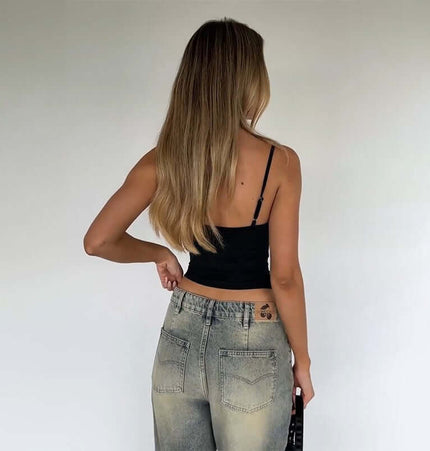 Lace Patchwork VNeck Top – Slim Fit worn from the back, showcasing the stylish design and casual look.