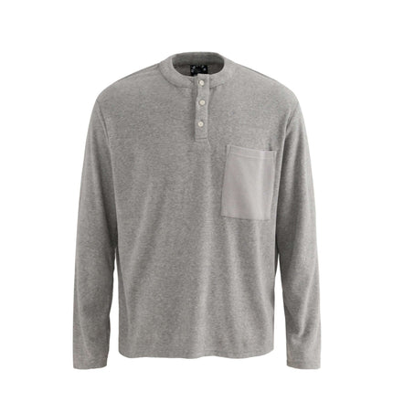 Stand Collar Button Hoodie – Loose Fit in gray with button detailing and pocket.