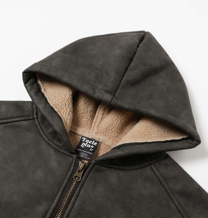 Thick Suede Hooded Jacket – Street Style with beige fleece lining and zipper detail.