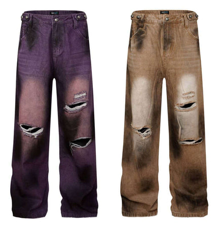 Distressed Patchwork Wide-Leg Denim Pants in purple and brown with distressed details and oversized fit.