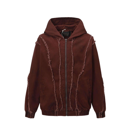 Spray Paint Spliced Jacket – Casual Fit featuring a stylish brown design with frayed edges and a hood.