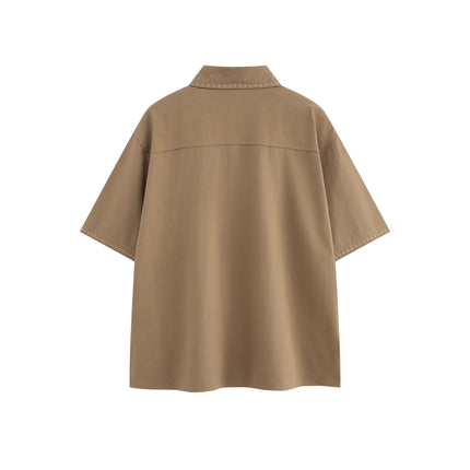 Minimal Casual Loose Short Sleeve Shirt in a stylish light brown color, showcasing a loose fit and flip collar design.