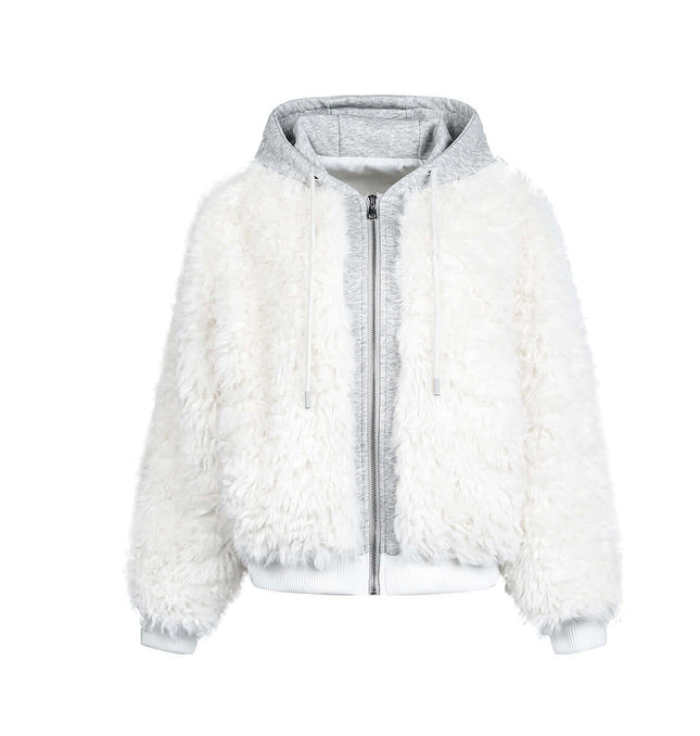 Wool Warm Cotton Coat – Loose Fit in white with a plush textured outer and grey hood.
