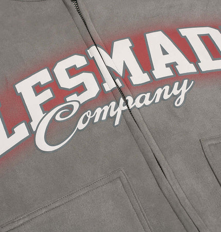 Faux Suede Print Zip-Up Hoodie – Loose Fit featuring GLESMAD logo design on the front for a trendy urban look.