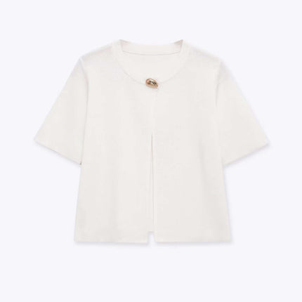 Close-up of White round neck simple knitted fabric