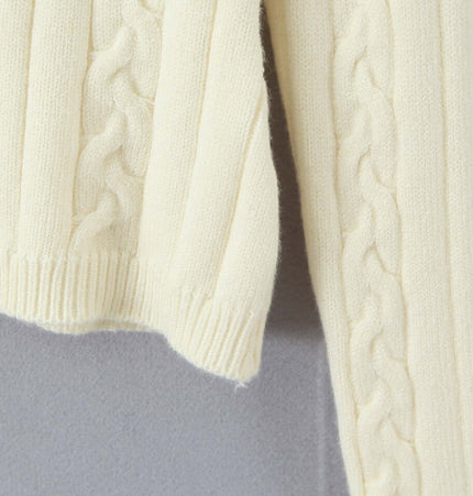 Off-Shoulder Twists Slim Knit Sweater with textured fried dough twists pattern in soft cream color.