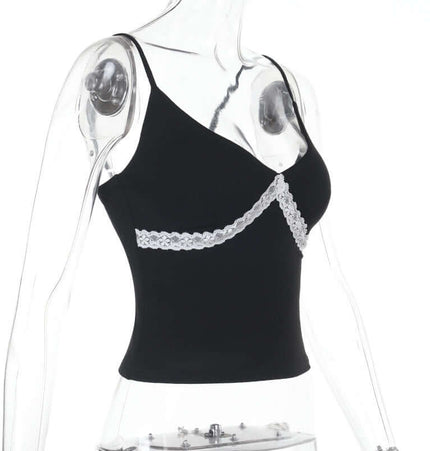 Lace Patchwork VNeck Top – Slim Fit on a mannequin showcasing its sleek design and lace detailing.