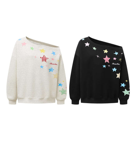 Slanted Shoulder Retro Graffiti Hoodie available in grey and black with colorful star graphics and relaxed fit.