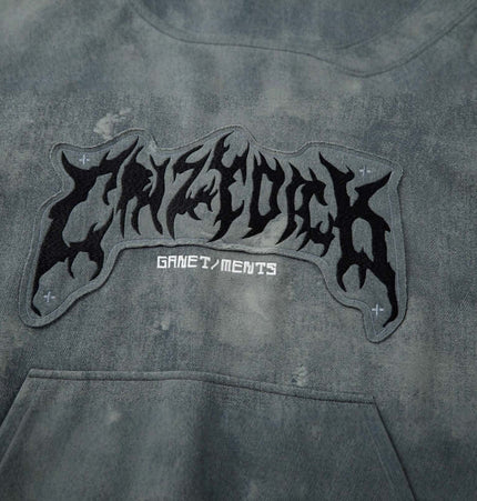 Close-up of the Letter Applique Washed Hoodie – Loose Fit showcasing bold street fashion and edgy letter design.