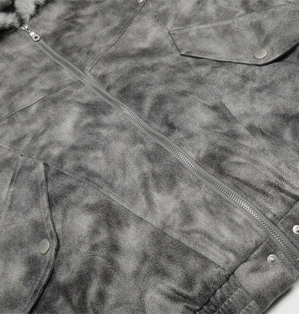 Hooded Fur Collar Jacket – Loose Fit in gray with distressed patchwork design and fur detail.