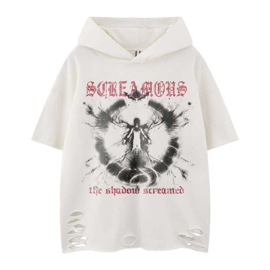 Black dark print distressed hooded top with Grozavu logo