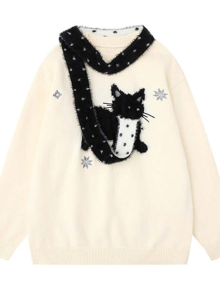 Model wearing Apricot cute cat knit sweater pattern by Grozavu