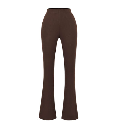 Slim Fit Low Waist Slightly Flared Pants in brown, featuring a sleek silhouette and subtle flare hem.