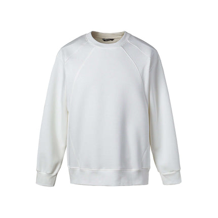 Round Neck Patchwork Pullover Hoodie in soft white fabric with a modern minimalist design.