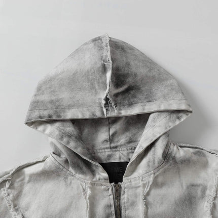 Spray Paint Spliced Jacket – Casual Fit with a stylish hood and unique distressed design in grey.